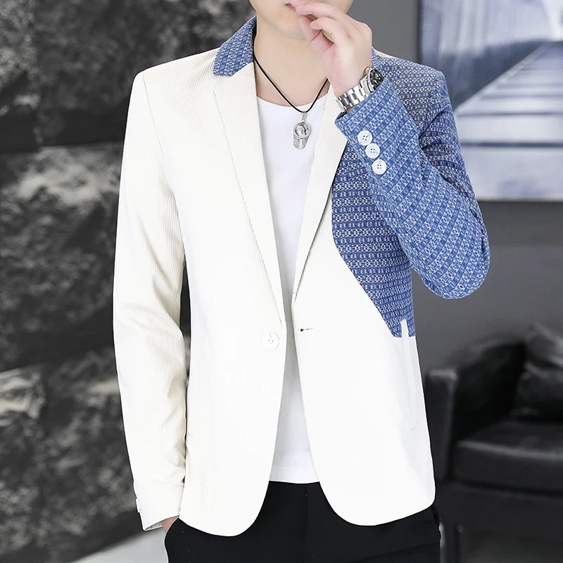 Korean Fashion Patchwork Suit Jacket for Men 2024 Spring Slim Fit Casual Business Blazers Street Wear Social Wedding Dress Coats