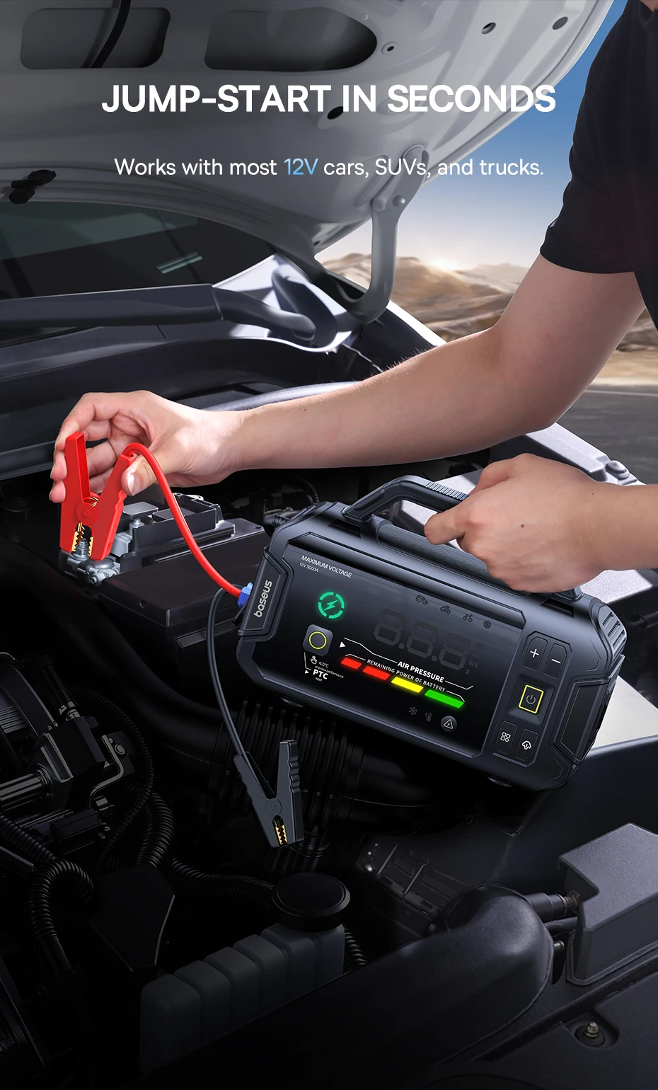 Baseus VJ1 3000A Starthilfe 4-in-1 150PSI Luftkompressor Powerbank 21600mAh Auto-Batterie Notfall-Booster Tragbares Startgerät – Detail 3