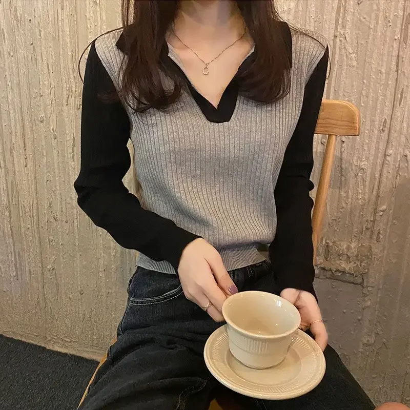 Korean Design Contrast Polo Neck Long Sleeve Knitted Shirt for Women Spring and Autumn Style Small Slim Short Top Lapel Clothes