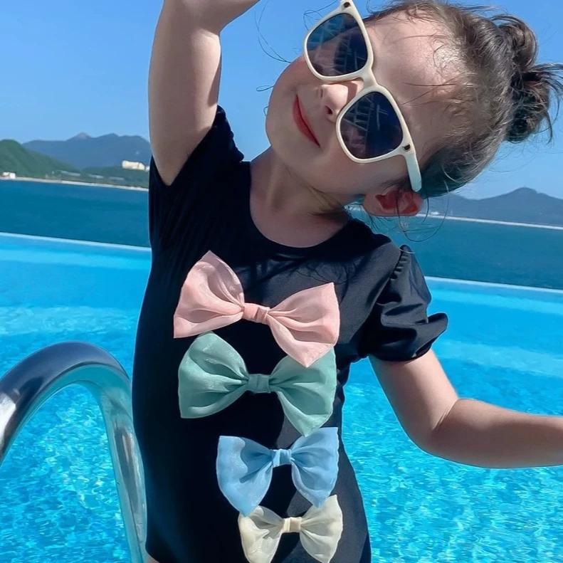 2026 New Kids Swimsuit Girls Summer Kids One Piece Short Sleeve Bow Knot Swimwear Hot Spring Swimsuit
