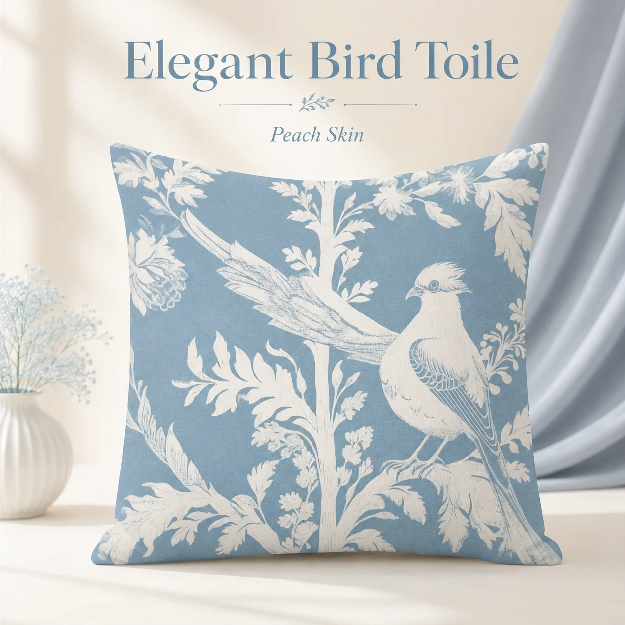 

Elegant Bird Toile Floral Pillowcase Peach Skin 2D Flat Printed Vintage Blue Cushion Cover For Sofa Living Room Home Decor