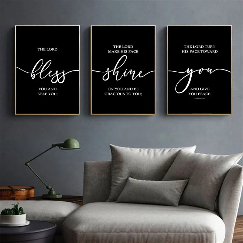 Black White Bible Blessings Quotes Canvas Art Poster Prints Simple Modern Wall Decorative Picture for Living Room Bedroom