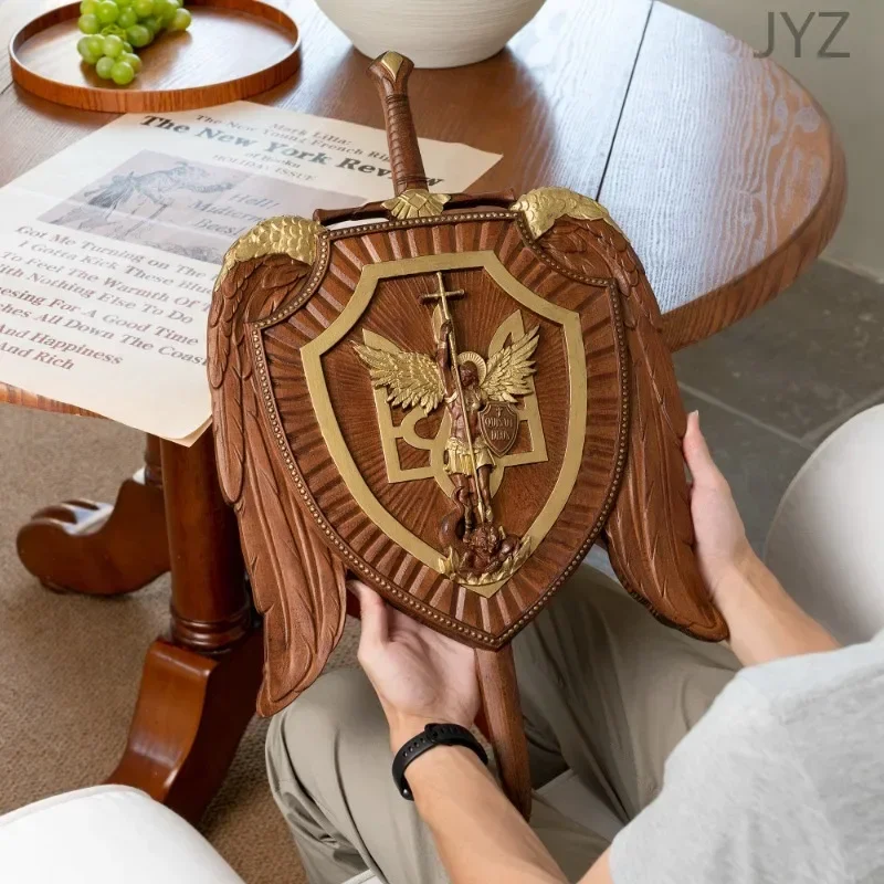 High Quality Holy Sword Archangel Michael Shield Wood Carving Wall Hanging Decoration view 4