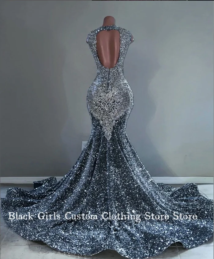 Dazzling Silver Grey Mermaid Prom Dresses Luxury Cutout Backless Inlaid Sequins Fringe Black Girls Celebrity Gowns robe soiree