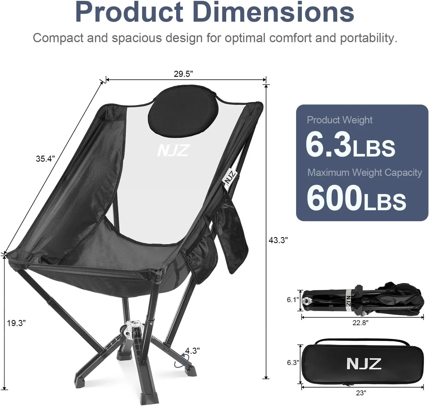 600 LBS Capacity, Heavy Duty Folding Chair for Adults, Compact Camping Chair for RV Trips, Lawn, Beach Black