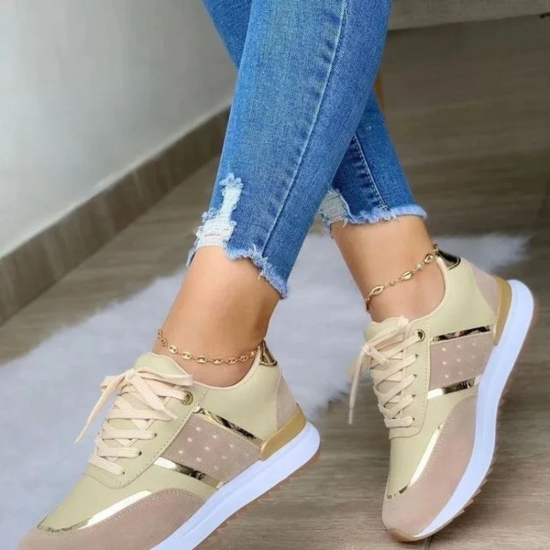 Women Sneakers Platform Shoes Leather Patchwork Casual Sport Shoes Ladies Outdoor Running Gold Trim Vulcanized Shoes Zapatillas