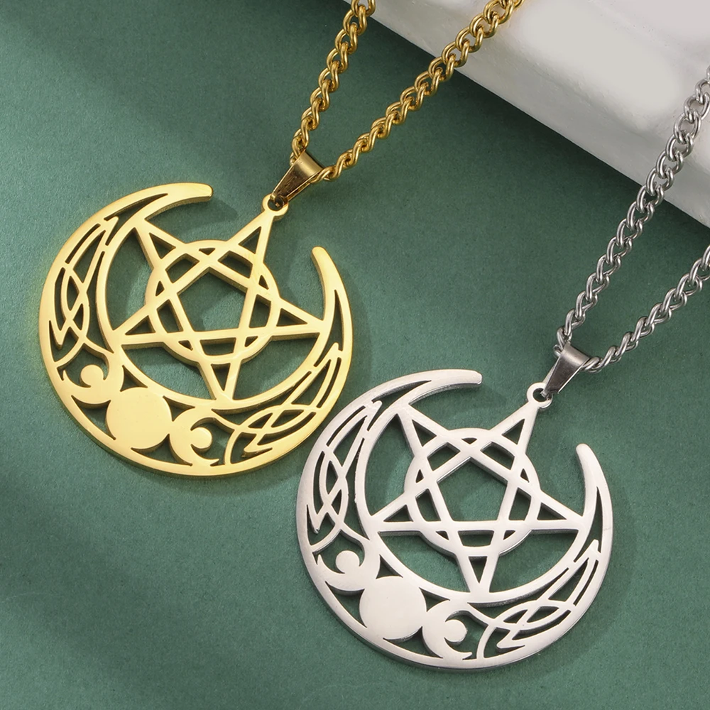 Dawapara Triple Moon Goddess Necklace Cresent Moon Pentagram Pentacle Protection Amulet Wiccan Pendant Stainless Steel Jewelry