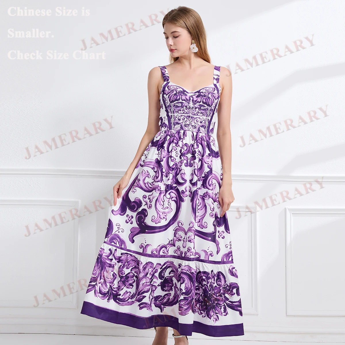 Sommer Floral Print Lange Kleider Frauen Strap Sommerkleid Lila Weiß Porzellan Druck Elastische Zurück Strand Maxi Kleid Mode Elegant