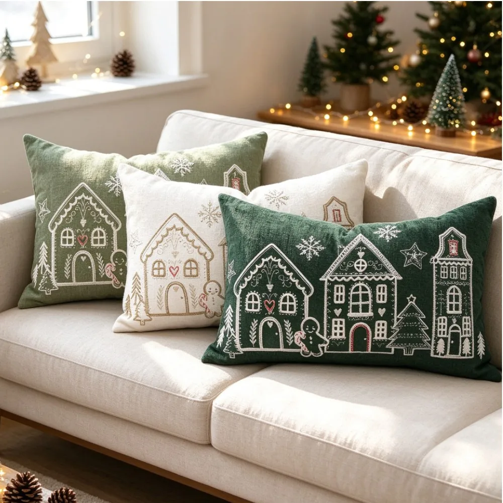 Christmas Gingerbread House Lumbar Pillow Covers 30x50cm 45x45cm Chenille Farmhouse Holiday Gift Throw Pillow Cover 1/2pcs