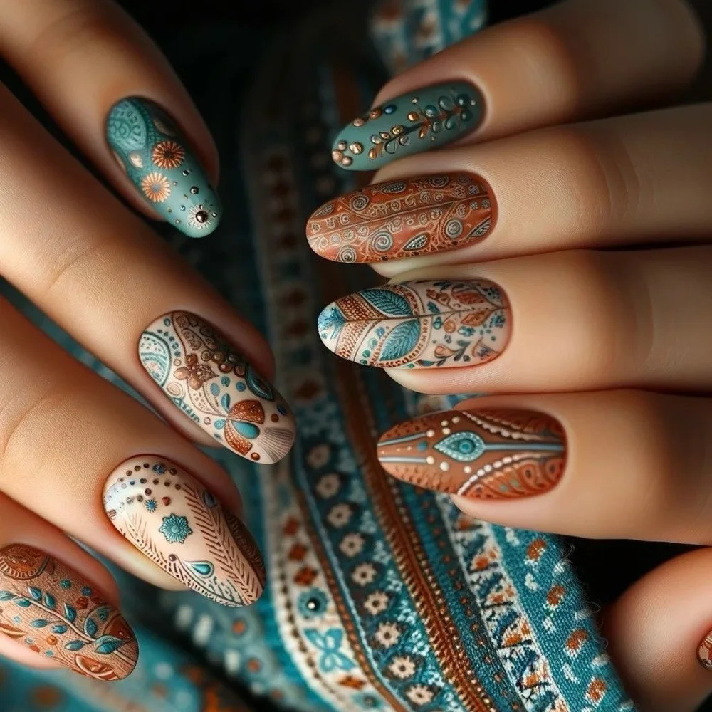 

24 Pcs Vintage Winter Stick-on Nails Medium Length Nail Art Finger Nails Ready-made Artificial Fake Press on Nails Set Removable