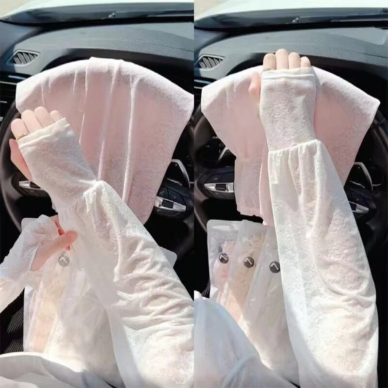 Manches fines en dentelle et soie glacée, Protection solaire Anti-UV, couvre-bras, gants de cyclisme en plein air