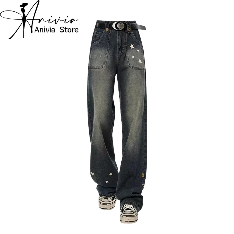 

2024 New American Retro Women's Embroidered Star Street Y2K Jeans Dark Blue Wash Wide Leg Stripe Fashion Pants Street Clothing