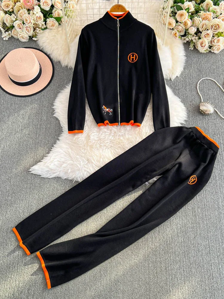 Women\'s Long Sleeved Knitted Sweater High Waist Slim Straight Leg Pants Two-piece Set Y2k Korean Autumn