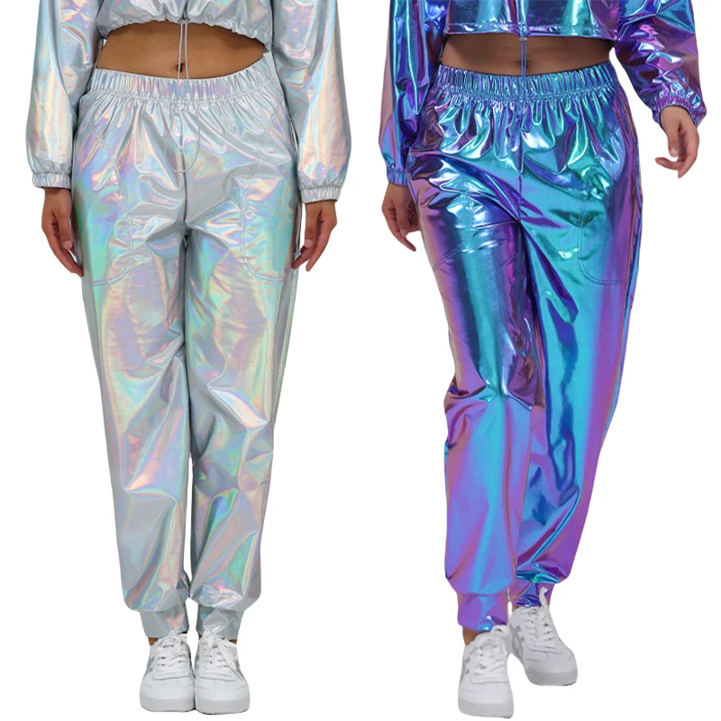 Women Holographic Hip Hop Faux Leather Metallic Loose Wide Leg Party Jazz Costume Cosplay Shiny Street Dance Pants For Adult