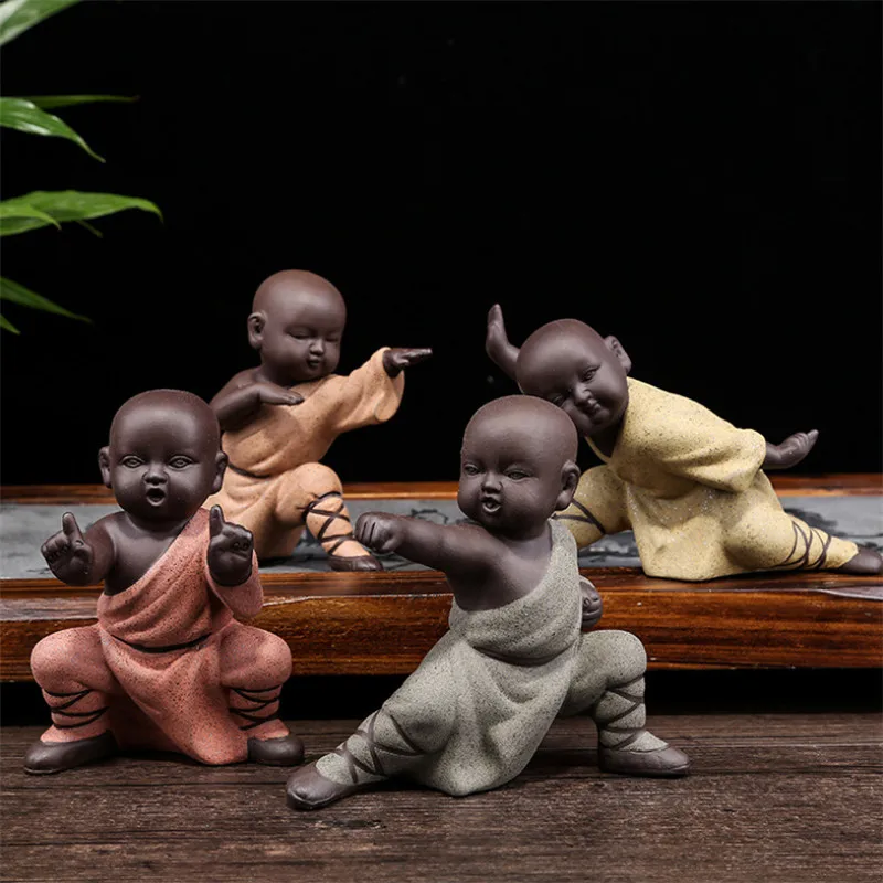 Ceramic Kung Fu Little Monk Figurine Tea Accessories Small Car Ornaments Creative Purple Clay Tea Pet Home Decoration Crafts