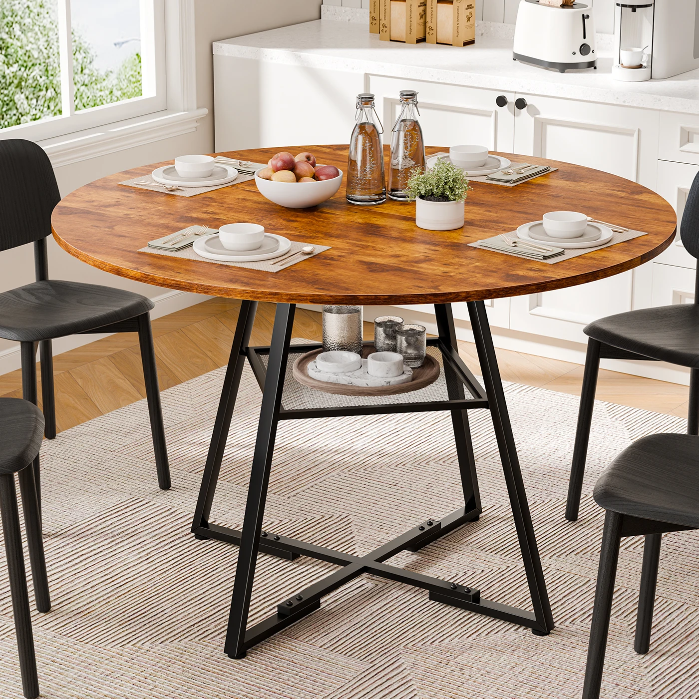 42IN to 47IN Round Dining Table for 4-6 Space Saving Kitchen Table with Dual-Tier Storage Pedestal Metal Frame Circle Dinner