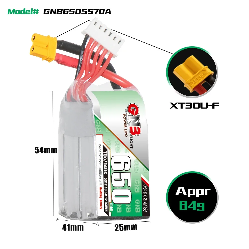 GAONENG GNB 650mAh 5S 70C 140C 18.5V XT30 LiPo Battery 3 inch Toothpick Drone Cine Whoop Cinelog Racing FPV RC Parts