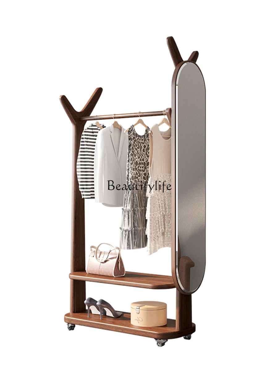 

Walnut Clothes Rack Full-Length Mirror Integrated Floor Coat Rack with Dressing Mirror