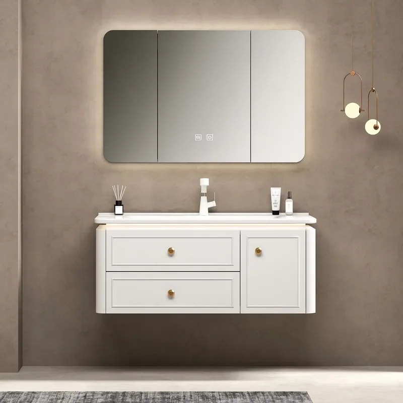 White Color Wall Mounted 18 MM PVC High-end LED Storage Cabinet Europe Style Wall Hung Bathroom Vanity With Smart Mirror