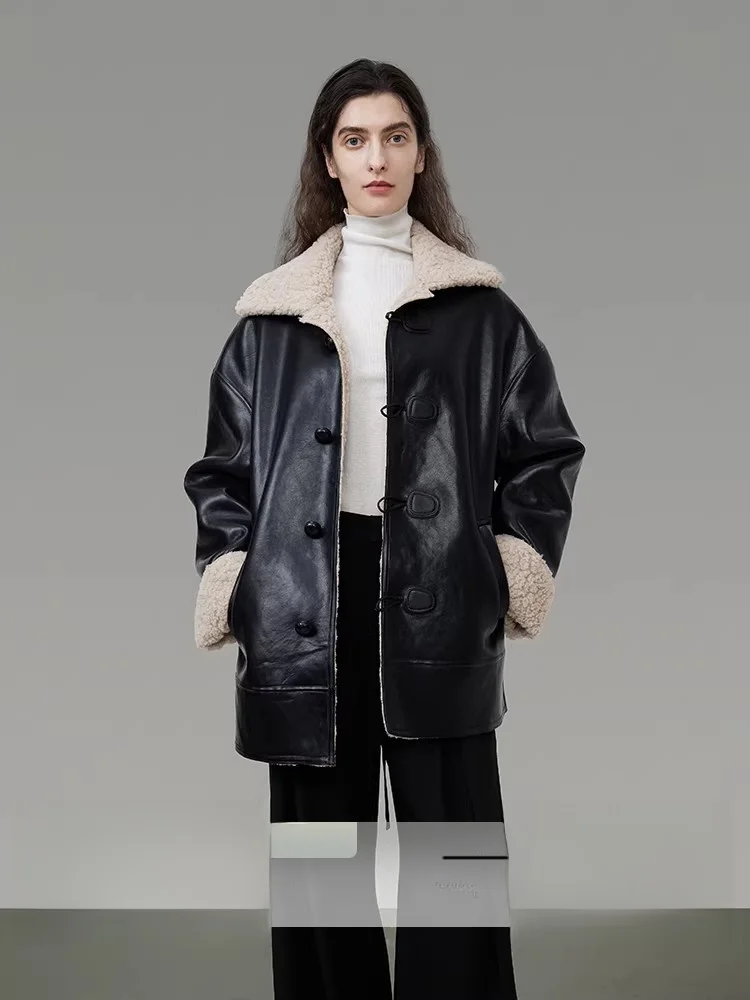 

Женская кожаная куртка UNSPOKEN с мехом, свободный крой, в байкерском стиле, с большим воротником, осень-зима, черная, простой дизайн, молодежная мода