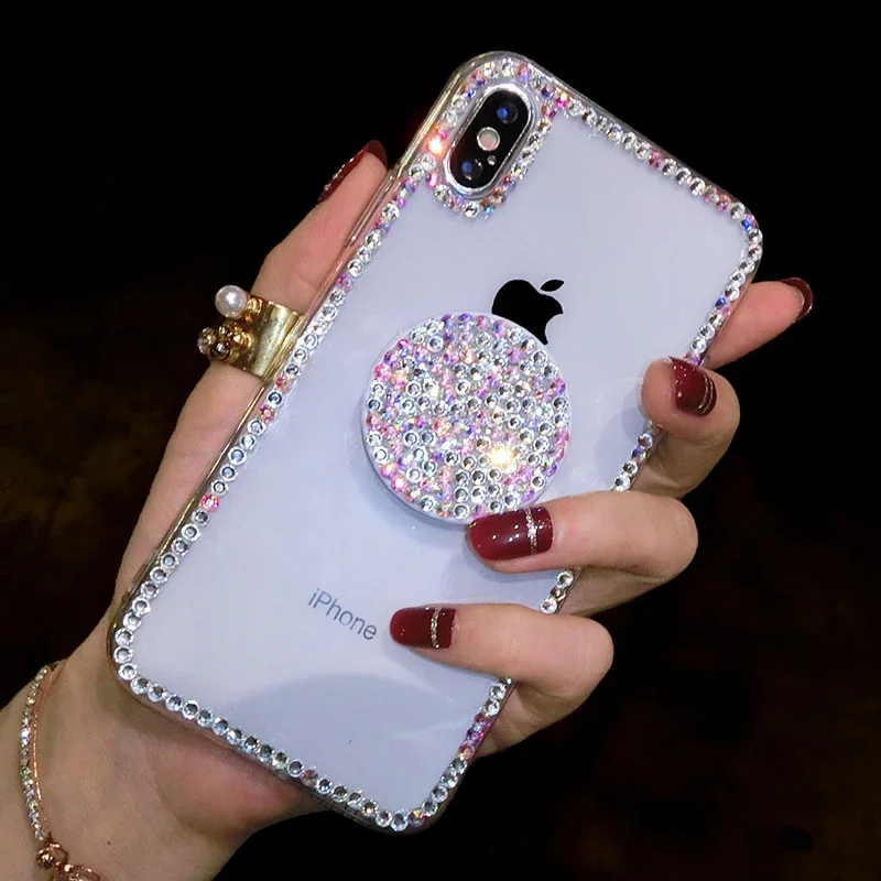 Luxury Bling Rhinestone Crystal Airbag Bracket Clear Soft Case Cover For SamsungS24 S25 S21 FE S22 Ultra S23PLUS Note 10 20 Capa