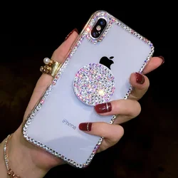 Luxury Bling Rhinestone Crystal Airbag Bracket Clear Soft Case Cover For SamsungS24 S25 S21 FE S22 Ultra S23PLUS Note 10 20 Capa