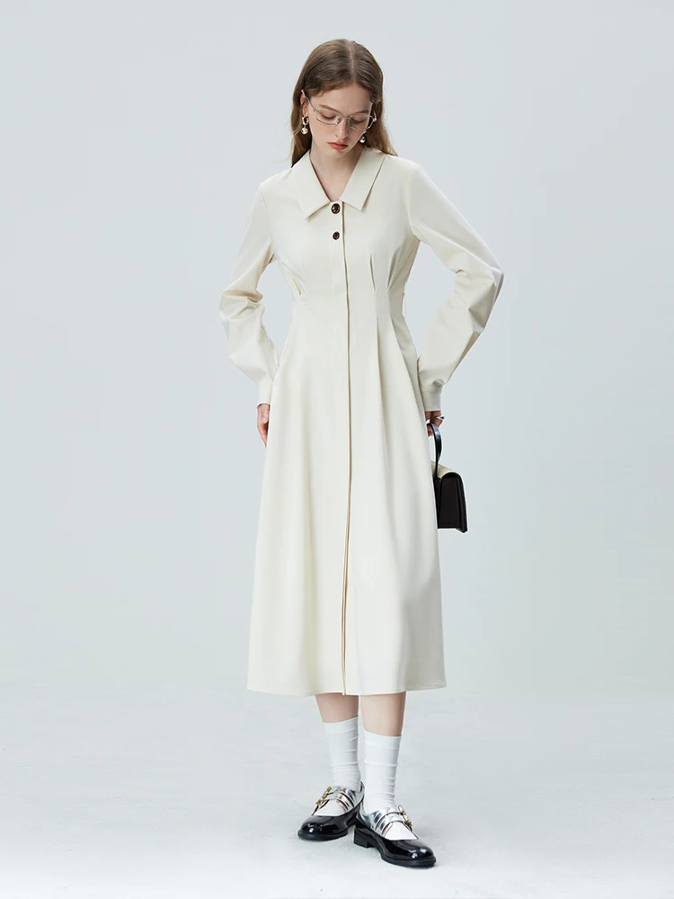 FSLE French Artistic Contrast Button Design Dress Polo Neck Women Solid Long Shirt Dress Belt Design Commuter A-LINE Skirts