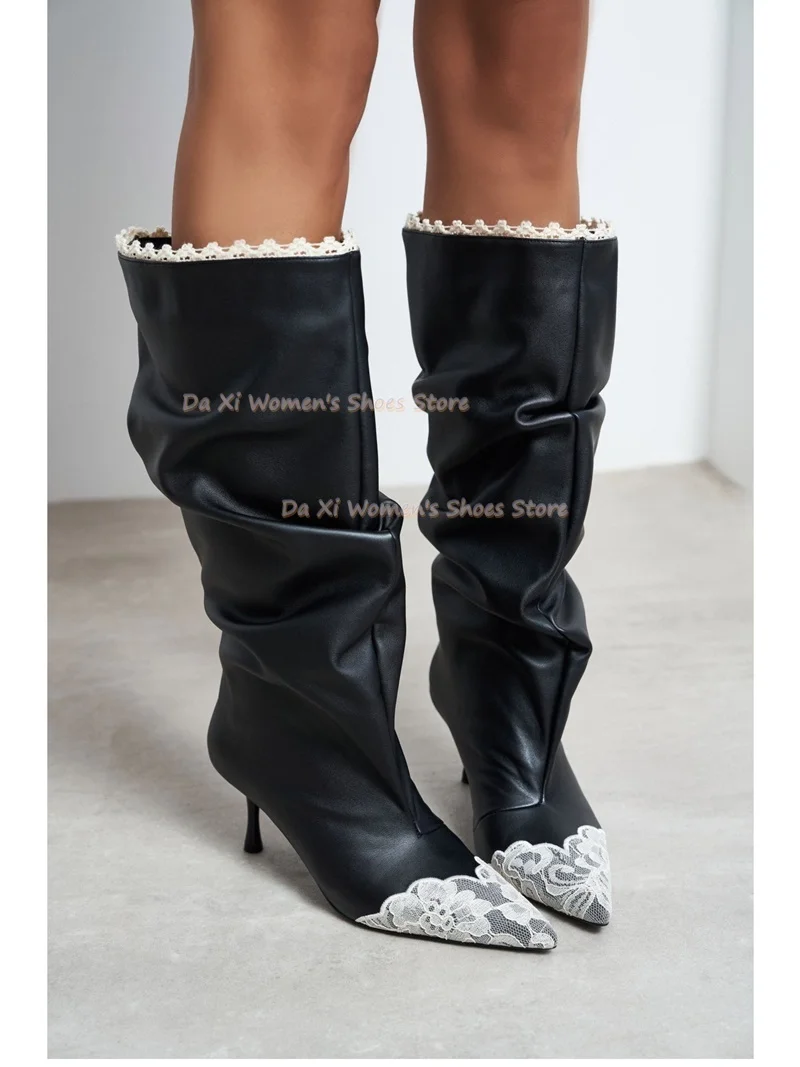 White Splicing Pointed Tip Lace Trim Decorate Stiletto Heels FoldStiletto heels  Women's Winter Boots Manual Banquet Boots 2026