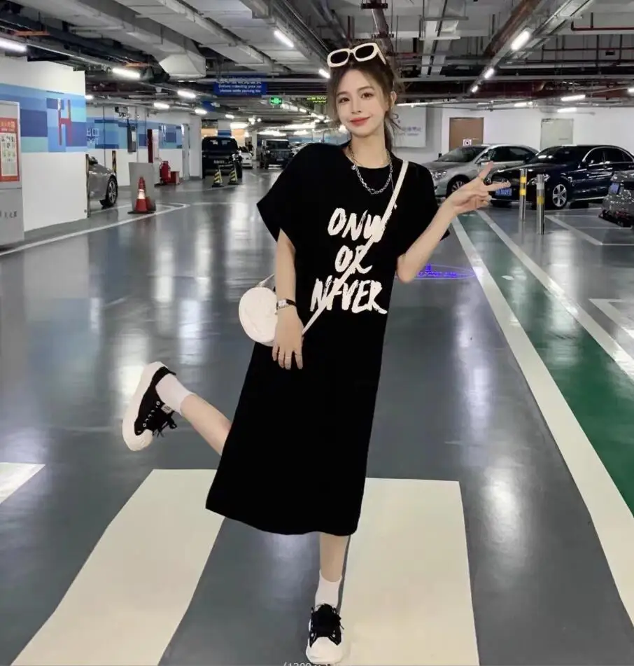 2023 Summer New Korean Women Loose Letter Dress Simple Large 4XL Women's Cotton T-shirt Dress Daily Vacation Casual Dresses