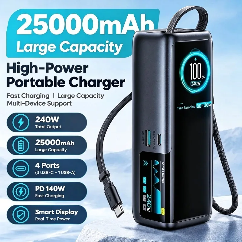 240W Dual Wire Power Bank 25000mAh with Animation Screen Display Portable Charger for Mobile Phone Fast Charging Spot Machine