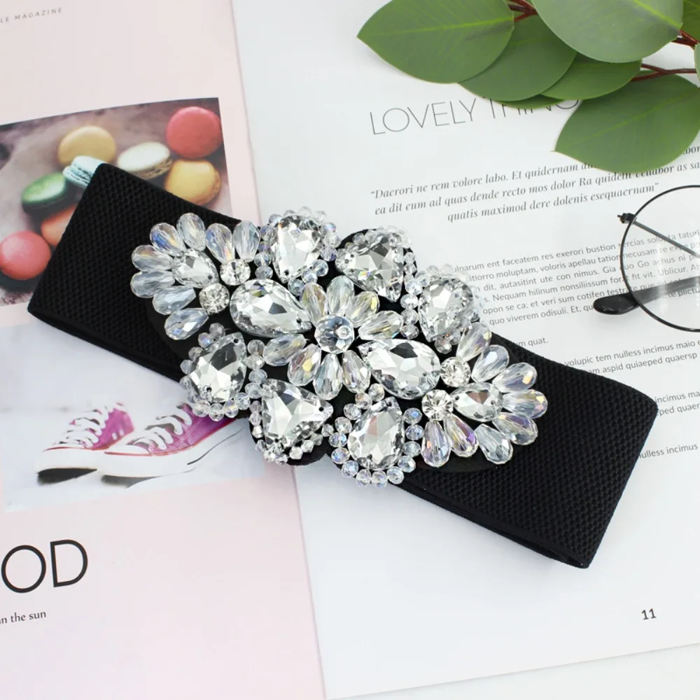 Casual Flower Elastic Cummerbunds Korean Style Wide Women Waistband Strap Belt Black Rhinestone Waist Belt Jacket
