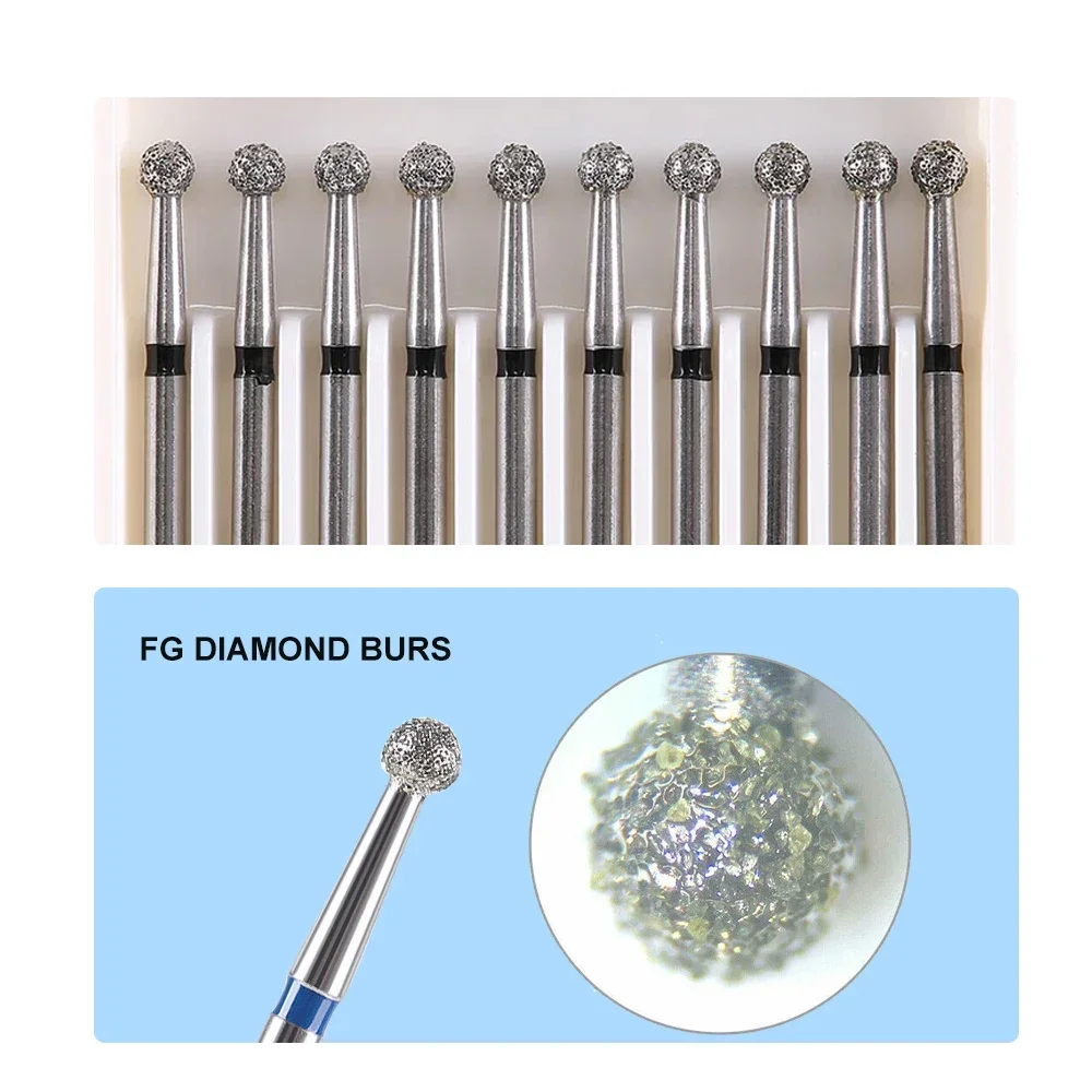 Denspay-Dental Diamante Burs Broca Bola, Tipo Redondo, 25mm, FG 1.6mm, Handpiece de alta velocidade, 450000r/Min, 10pcs por pacote