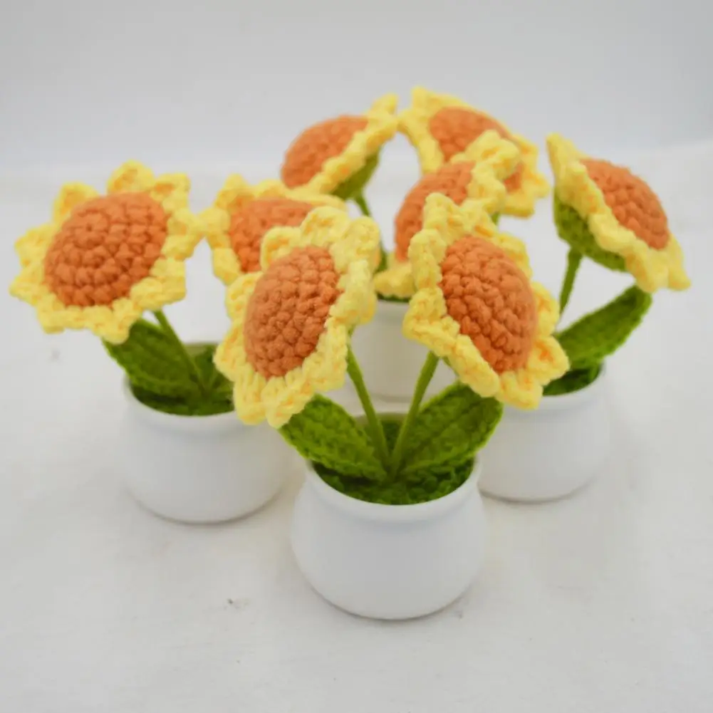 Knitted Sunflower Decor Handmade Crochet Sunflower Decoration with Double Heads White Vase Mini Knitted Flower for Home Office