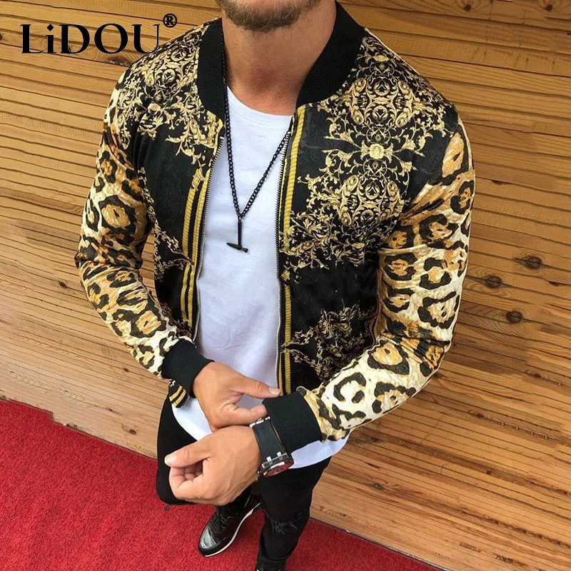 Chaqueta informal con estampado Y2K para hombre, abrigo holgado de manga larga que combina con todo, Top de cuello redondo de leopardo de Hip Hop,