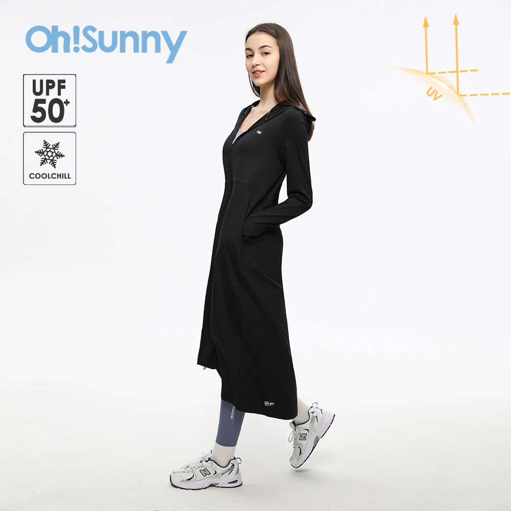 OhSunny-ropa Anti-UV para mujer, ropa deportiva para exteriores, Abrigo largo con capucha y cremallera, chaquetas de tela de sensación fresca para verano