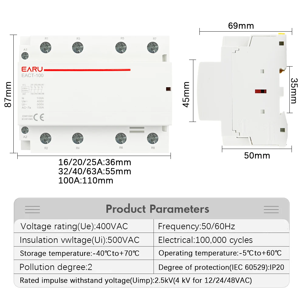 4P 16-100A AC/DC 24V 220V 50/60Hz Din Rail Household AC Modular Contactor Switch Controller 4NO 4NC 2NO 2NC DIY Smart Home Hotel