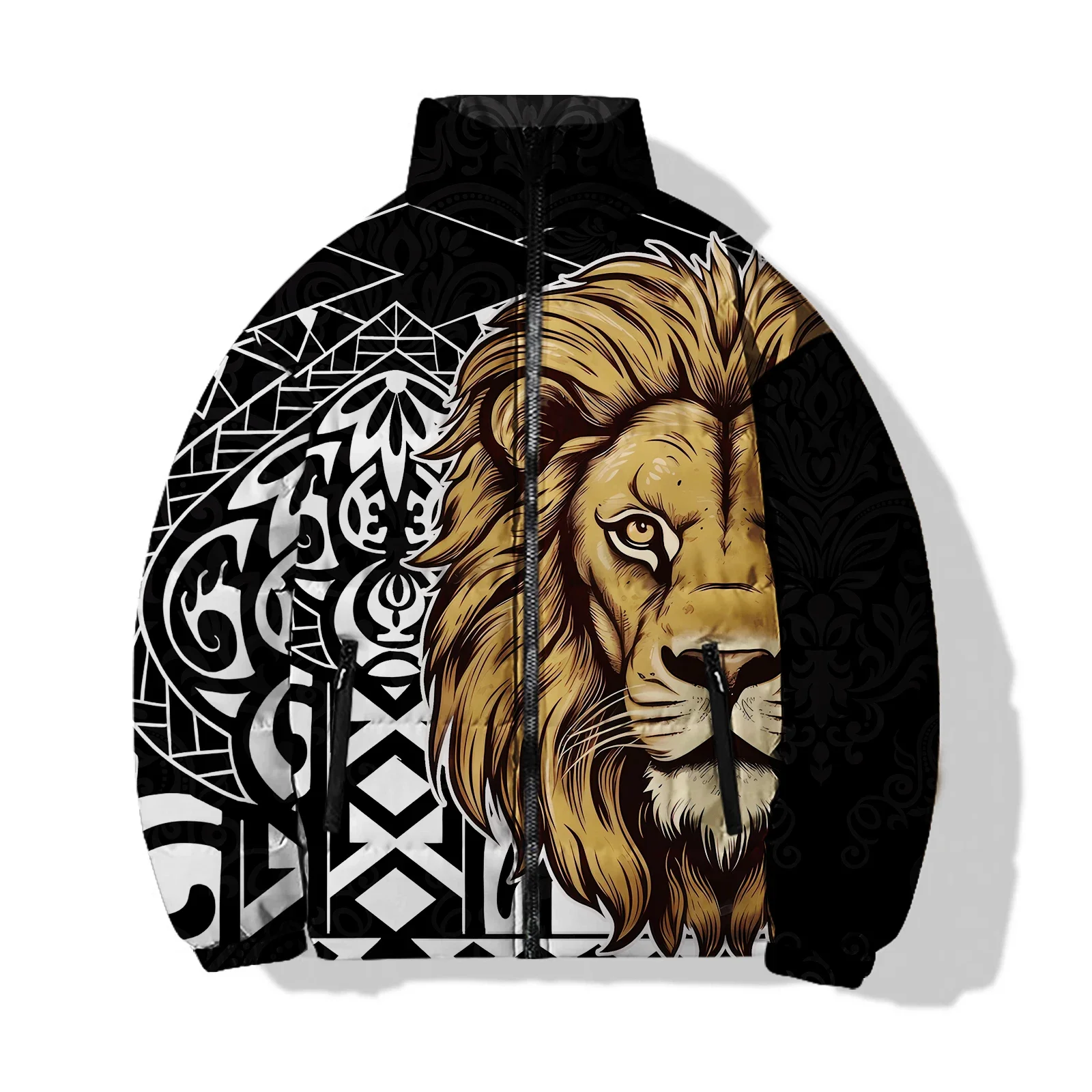 Men\'s Winter Cotton Coat Men\'s Casual Jacket Blue Eyes White Tiger and Black Panther Print Cotton Coat Mens Clothing Jackets Man