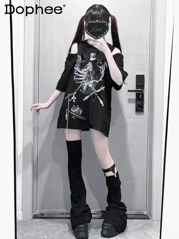 

Y2k Subculture Japanese Original Lolita Off-shoulder Long-sleeved T-shirt Dark Sweet Cool Girl Goth Round Neck Casual Top