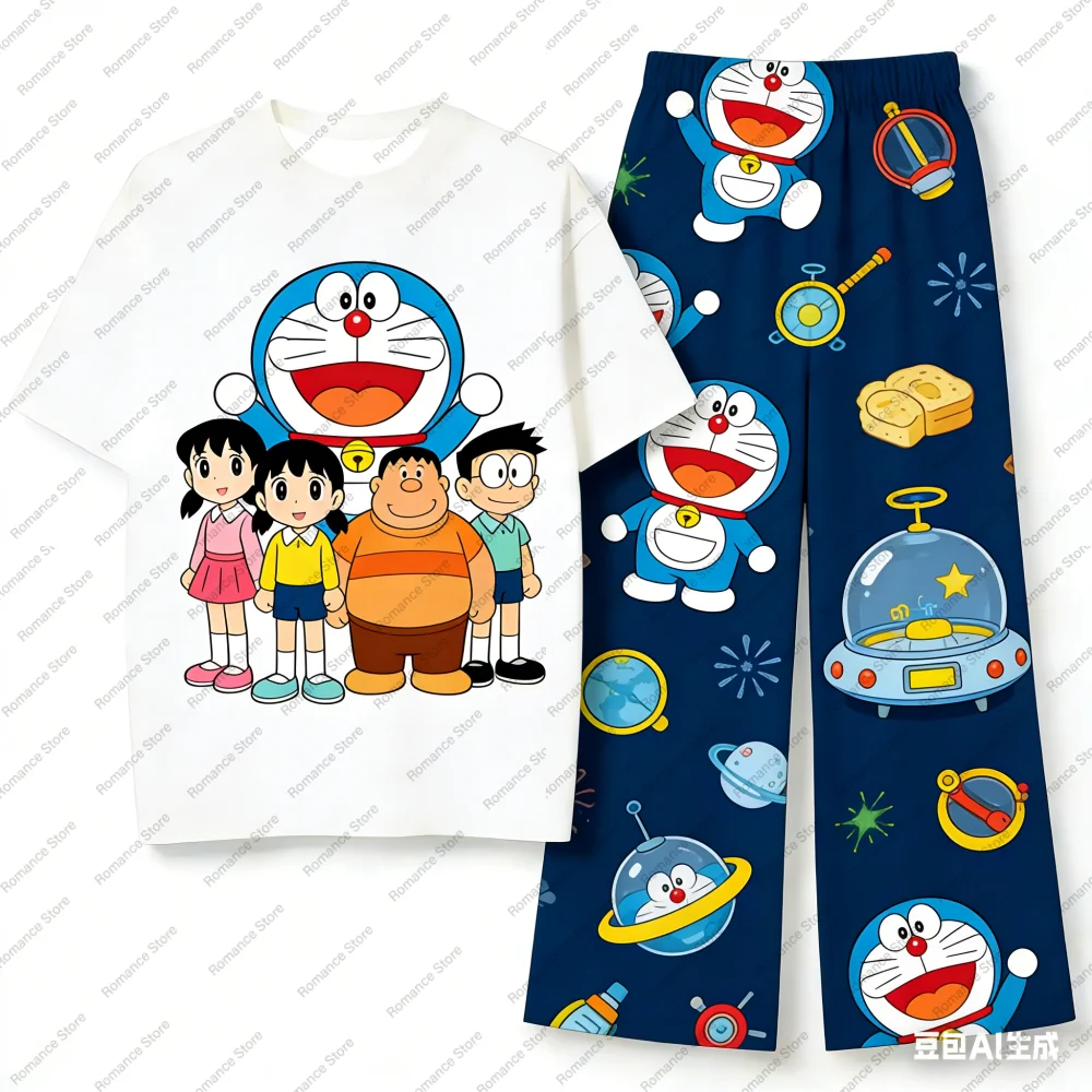Doraemon-Conjunto de pantalones y camisas de seda de leche, pantalones de pijama con estampado completo de dibujos animados de Anime para niños y adultos, conjunto de pantalones de secado rápido para mujer y hombre