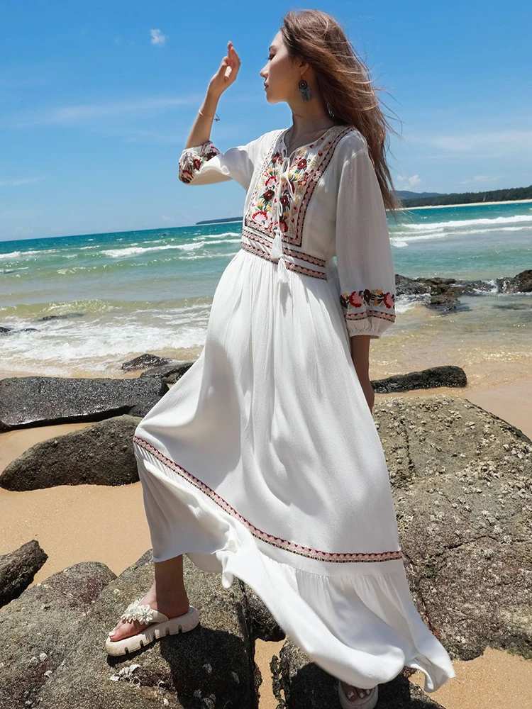 KHALEE YOSE-Robe brodée florale pour femme, style boho rétro, en coton blanc, manches longues, robes de plage, nouvelle collection éducative