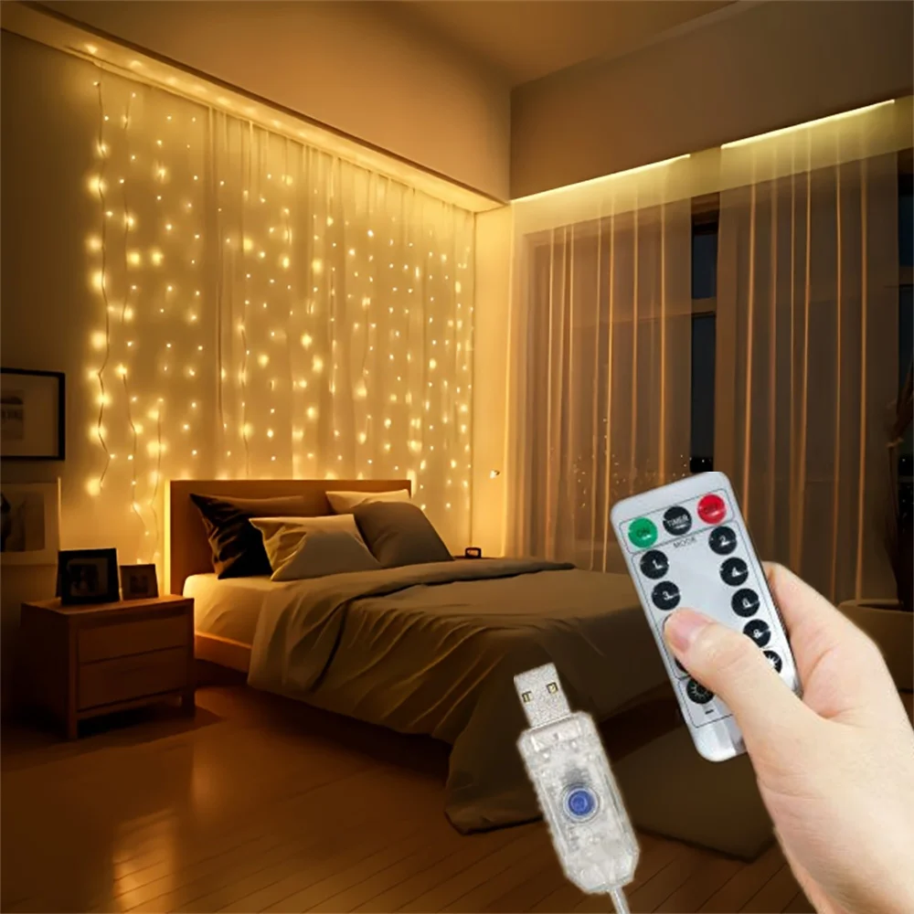 

Garland Curtain Fairy Light USB Plug 8 Modes Valentine's Day Ramadan EID Mubarak Decoration LED Wedding Curtain Lights for Home