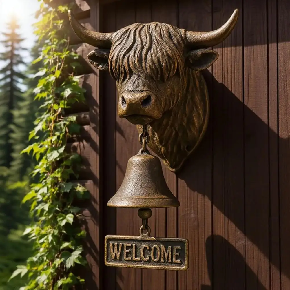 Highland Cow Head Doorbell with Welcome Sign Rustic Wall Mounted Resin Cow Hanging Bell Decor for Farmhouse Porch Entryway