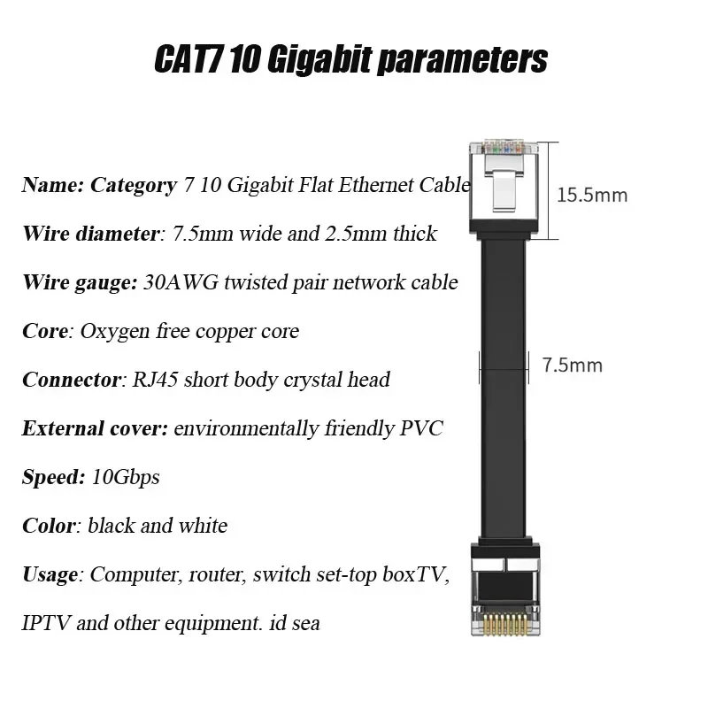 CAT7 10Gpbs RJ45 Flat Ethernet Cable with Shield Transmission Short Crystal Pure Copper Connector for Computer Broadband Router