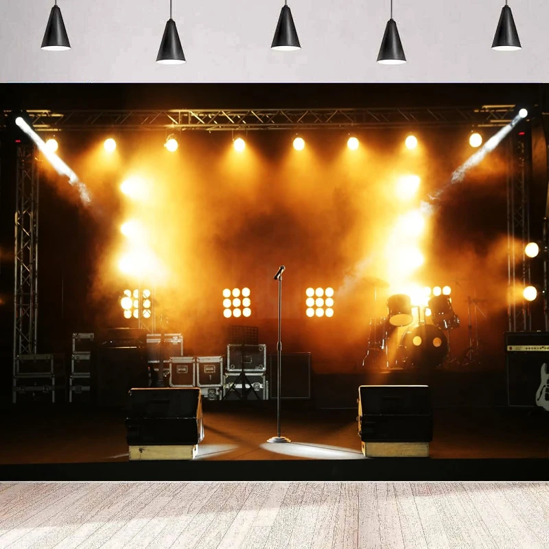 Stage Spotlight Photography Backdrop Music Night Stage Rock Band Microphone Background Home Party Backdrop Wall Banner Poster