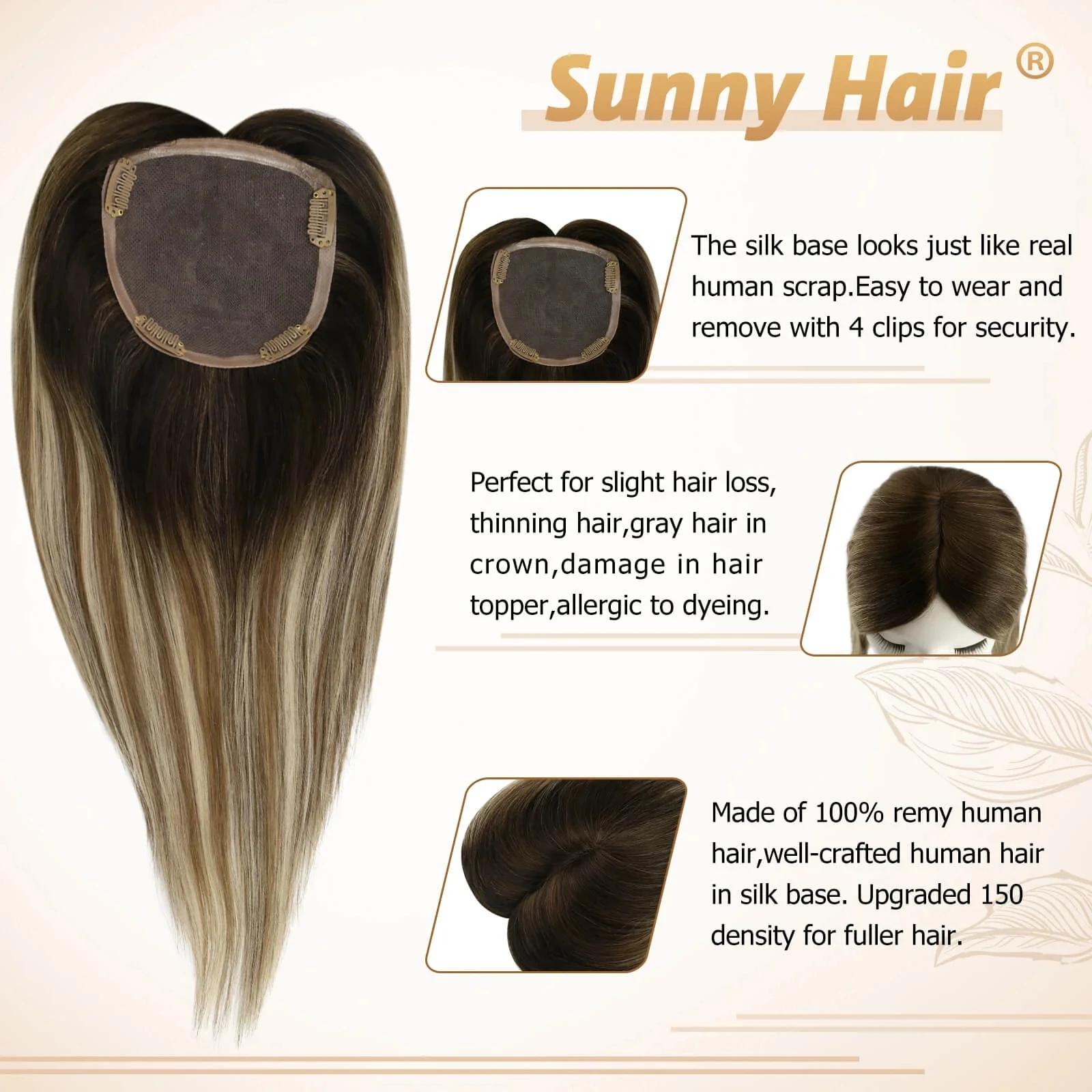 VeSunny Hair Toppers Hair Mono Base Topper 100% Real Human Hair Hand Made Toupee with 4 Clips 13*13 cm 12-18\