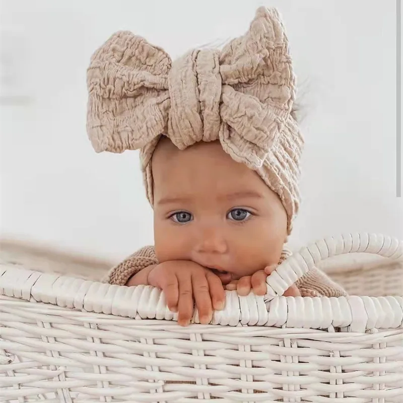 New Crepe Lovely Bowknot Baby Headband Cute High Elasticity Girls Headwear Soft Newborn Infant Cap Knitting Hair accessories