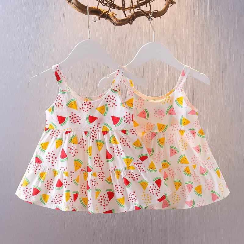 Summer New Style Baby Girls Dress Short Sleeve Flower Fake Two-Piece Shoulder Strap Dress Cute Princess Wedding Party Costume