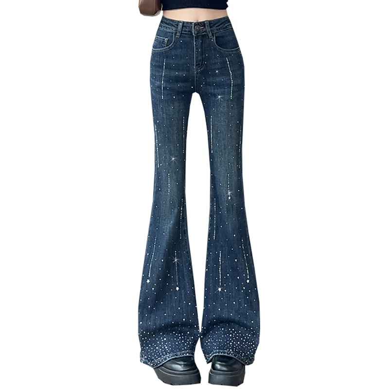 Jean Vintage de style américain pour femmes, pantalon en Denim orné de strass, taille haute, évasé, tendance, nouvelle collection 2025