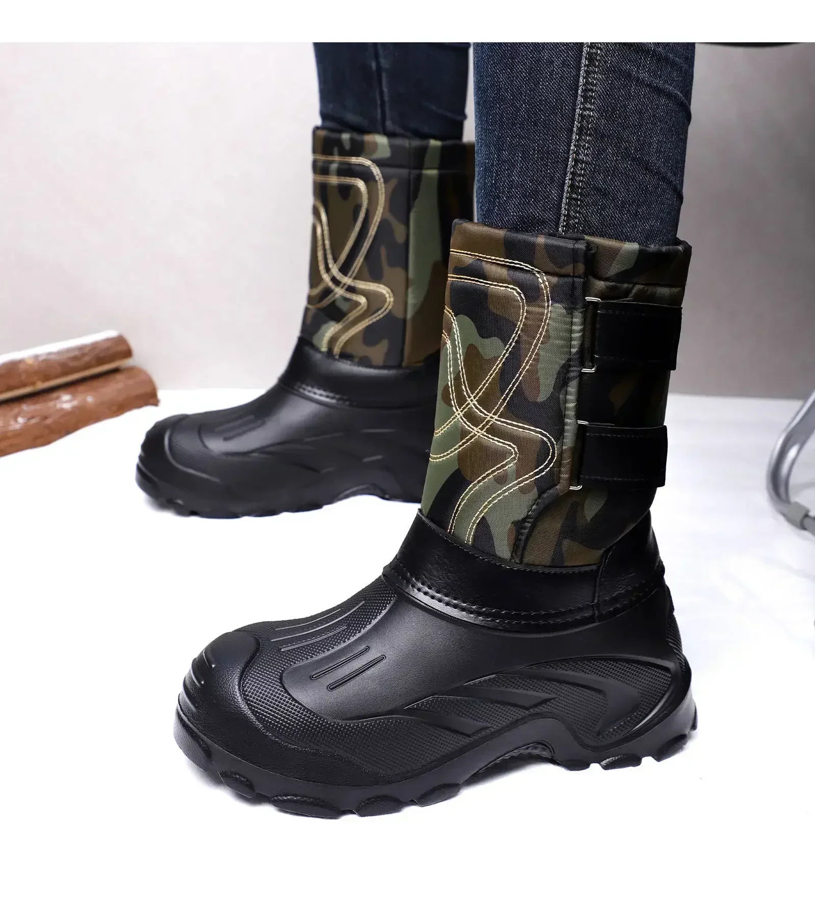 Herren Winter-Schneestiefel mit mittlerer Schaftlänge, Camouflage-Motiv, Klettverschluss-Design, wasserdicht, rutschfeste Gummisohle, warme Outdoor-Stiefel – Detail 13