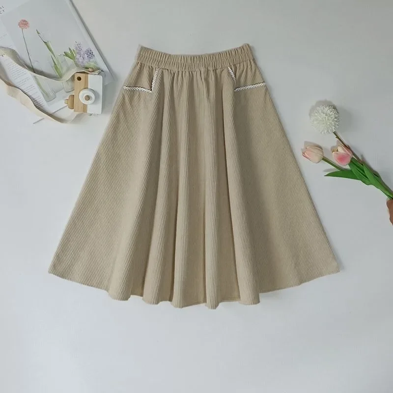 Corduroy Midi Skirt for Tween Girls Autumn Winter Black Pockets Versatile Comfortable School Casual Wear